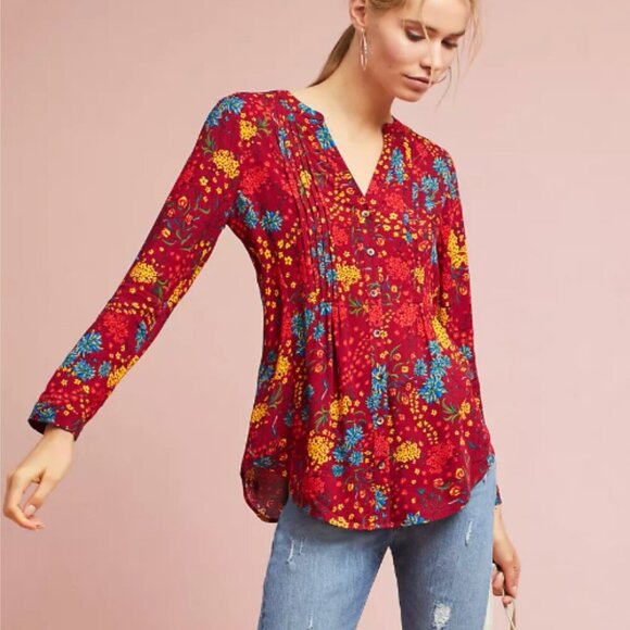 Anthropologie Maeve Printed Pintucked Blouse XXS - Picture 1 of 7